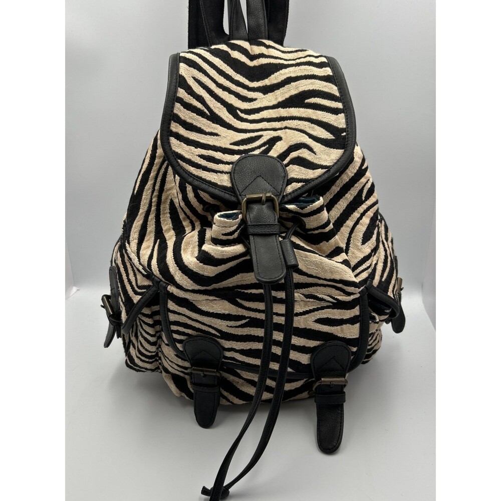 Forever 21 Zebra Print Backpack Vegan Leather Trim Black Tan 13 x 13